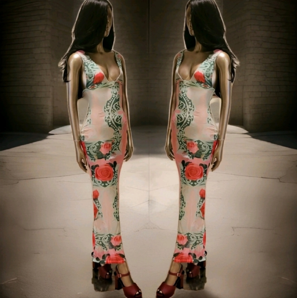 NWT Sexy Vibrant Romantic Floral Print Mesh Bodycon Maxi Dress Sz S - Picture 6 of 16